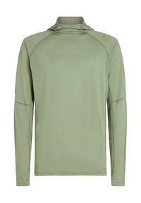 Maglietta a maniche lunghe con cappuccio di un verde oliva chiaro. Tessuto morbido e leggero con dettagli sulle cuciture e una vestibilità rilassata. Presenta maniche raglan.