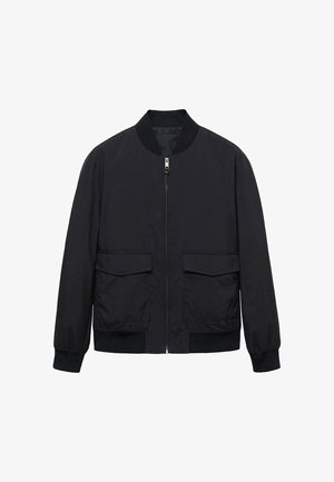 Schwarze Bomberjacke aus glattem Stoff mit Reißverschluss, rundem Halsausschnitt, zwei großen Fronttaschen und gerippten Bündchen und Saum.