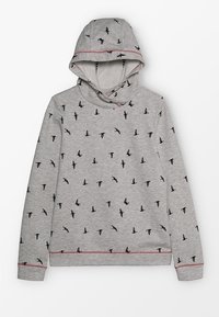 Grå hoodie i mjukt tyg, med ett mönster av små svarta fåglar. Den har en framficka i kängurustil och en rosa accent vid nederkanten.