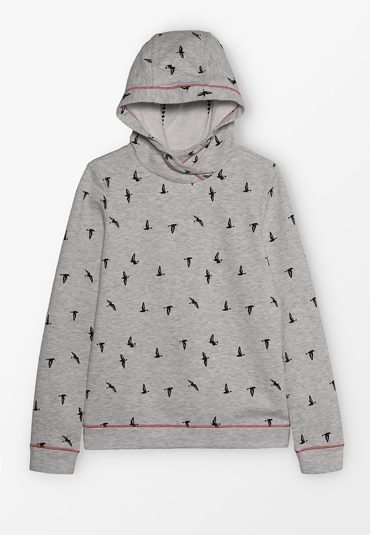 Grå hoodie i mjukt tyg, med ett mönster av små svarta fåglar. Den har en framficka i kängurustil och en rosa accent vid nederkanten.