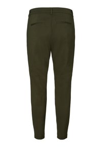 Olivgröna byxor med slim fit, med midjeband, två bakfickor och en slät yta. Enfärgad design utan mönster eller dekorationer.