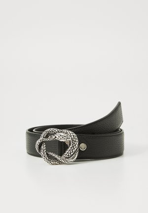 Black leather belt with a textured finish, featuring a silver-tone knot-shaped buckle and a subtle logo accent on the strap.