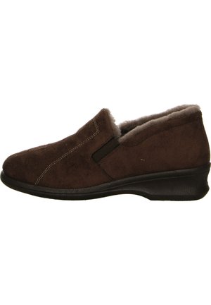 Brown suede slip-on shoes featuring a rounded toe, elastic side panels for easy wear, and a textured rubber outsole. Lined with soft material.