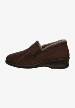 Braune Wildleder Slip-On-Schuhe mit runder Zehenform, elastischen Seitenpaneelen für einfaches Anziehen und einer strukturierten Gummisohle. Futter aus weichem Material.
