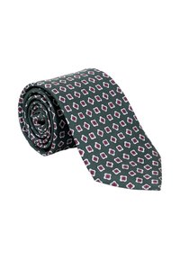 Zielony jedwabny krawat z powtarzającym się kwiatowym wzorem w czerwieni i bieli, zwinięty do ekspozycji. Smukły kształt z zakończeniem w szpic i gładką teksturą.