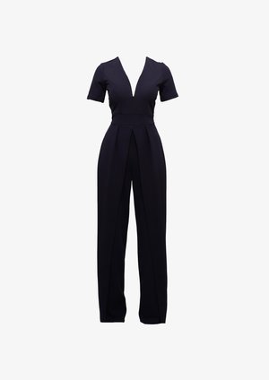 Marineblauer Jumpsuit mit V-Ausschnitt, kurzen Ärmeln, plissiertem Vorderteil, tailliertem Bund und weitem Bein. Hergestellt aus einem glatten, elastischen Stoff.