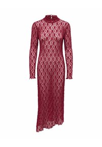 Robe en dentelle bordeaux avec un col montant, des manches longues et un ourlet asymétrique. Présente un motif floral sur tout le tissu transparent.