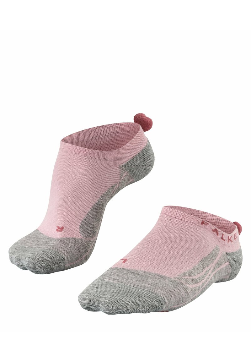 Rosafarbene und graue Knöchelsocken mit glatter Textur, die ein rundes Design aufweisen und mit einem kleinen rosa Pompon-Detail auf der Rückseite verziert sind.