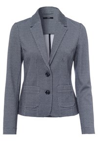 Takkia tummansinistä väriä, jossa on houndstooth-kuvio, muotoillut läpät, kaksi nappia ja etutaskut. Valmistettu teksturoidusta kankaasta.