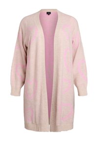 Gaiši rozā adīta jaka ar atvērtu priekšpusi, ar lieliem rozā sirds rakstiem un ribotām piedurknēm. Mīksta tekstūra un brīvs piegriezums.