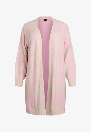 Svetlo roza pleten cardigan z odprtim sprednjim delom, ki ima velike roza srčne vzorce in rebraste manšete. Mehak material in sproščen kroj.