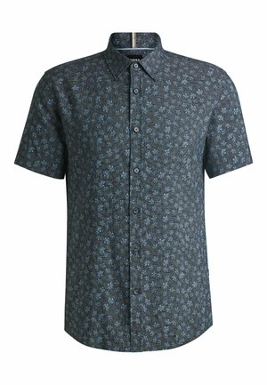 Kortärmad skjorta med knappar i mörkblått med mönster av blommor i ljusblått. Har en vanlig krage och fem knappar framtill.