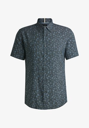 Short-sleeve button-up shirt in dark blue with a floral pattern in light blue. Features a standard collar and five buttons down the front.