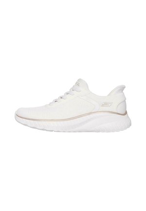 White lightweight knit sneaker with lace-up front, cushioned sole, and subtle logo on the side and tongue, shown in profile.