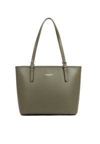 Sac fourre-tout olive avec double poignées, présentant un design minimaliste et le logo "Lancaster Paris" sur le devant.