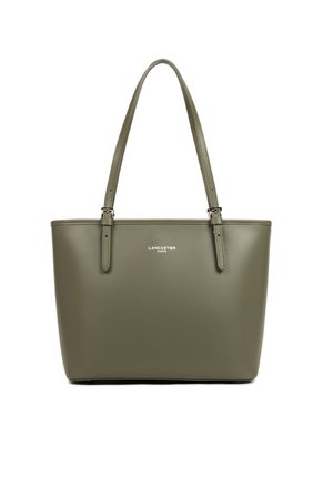Olive green tote bag with double handles, featuring a minimalist design and "Lancaster Paris" logo on the front.