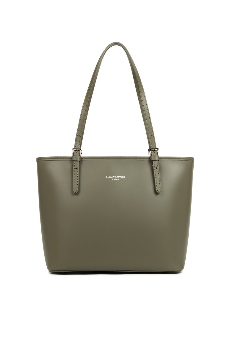 Sac fourre-tout olive avec double poignées, présentant un design minimaliste et le logo "Lancaster Paris" sur le devant.