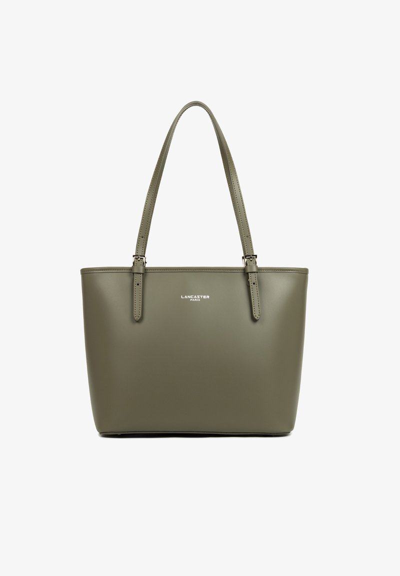 Sac fourre-tout olive avec double poignées, présentant un design minimaliste et le logo "Lancaster Paris" sur le devant.