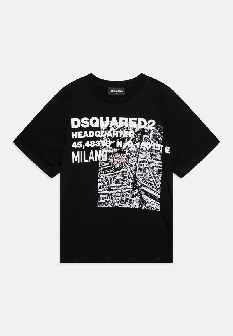Black cotton t-shirt featuring a white graphic print of a city map and text, including "DSQUARED2" and "MILANO." Short sleeves and crew neckline.