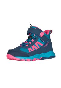 Children's high-top sneaker in blue and pink with velcro strap, elastic laces, and rugged sole, designed for outdoor use.