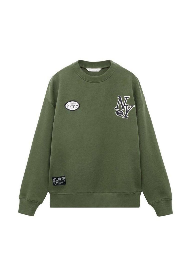 Felpa verde oliva con un patch rotondo con la scritta "NY" e un'etichetta sull'orlo inferiore. Realizzata in materiale morbido con un classico scollo rotondo.