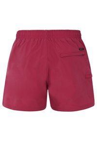 Rode zwembroek met een elastische tailleband en een achterzak. Gemaakt van lichtgewicht, glad materiaal. Eenvoudig ontwerp zonder patroon.