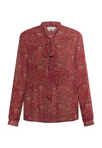 Blusa rossa con motivo floreale in crema e blu. Presenta maniche lunghe, un collo con fiocco e un tessuto leggero e testurizzato.