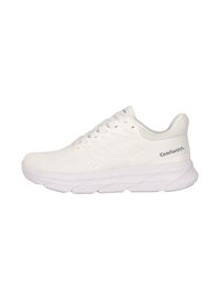 White athletic shoe with a textured upper, lace closure, and cushioned sole. Features "ComfortFIT+" branding on the heel. Minimalist design.
