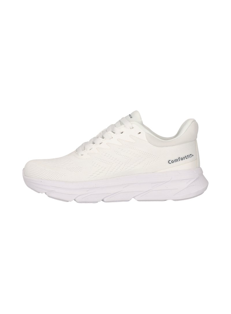 White athletic shoe with a textured upper, lace closure, and cushioned sole. Features "ComfortFIT+" branding on the heel. Minimalist design.
