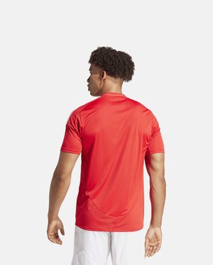 Rotes Sportoberteil mit kurzen Ärmeln, hergestellt aus leichtem Stoff. Besitzt einen geschwungenen Saum und eine atmungsaktive Textur für Komfort während der Aktivität.