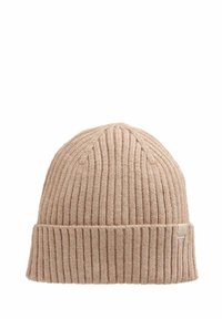 Bonnet en tricot beige avec texture côtelée, doté d'un revers et d'une petite étiquette logo à l'avant. Design chaud et polyvalent.