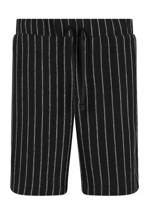 Black and white striped shorts with an elastic waistband and drawstring. Textured fabric with vertical stripes. Straight hem.