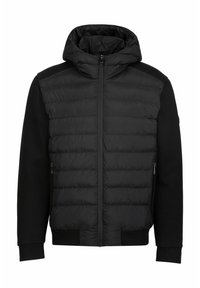 Schwarze Puffjacke mit Kapuze, ausgestattet mit gesteppter Vorderseite, glatten Stoffärmeln und Reißverschlussseitentaschen.
