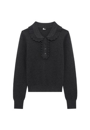 Pull en maille à manches longues gris foncé avec un col festonné et une patte de boutonnage au centre devant.