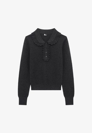 Mørkegrå langærmet sweater med bølgekrave og knaplukning ned langs midten foran.