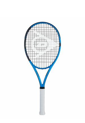 Raqueta de tenis azul y negra con grip blanco y cuerdas negras, mostrando un diseño diagonal blanco en la cama de cuerdas.