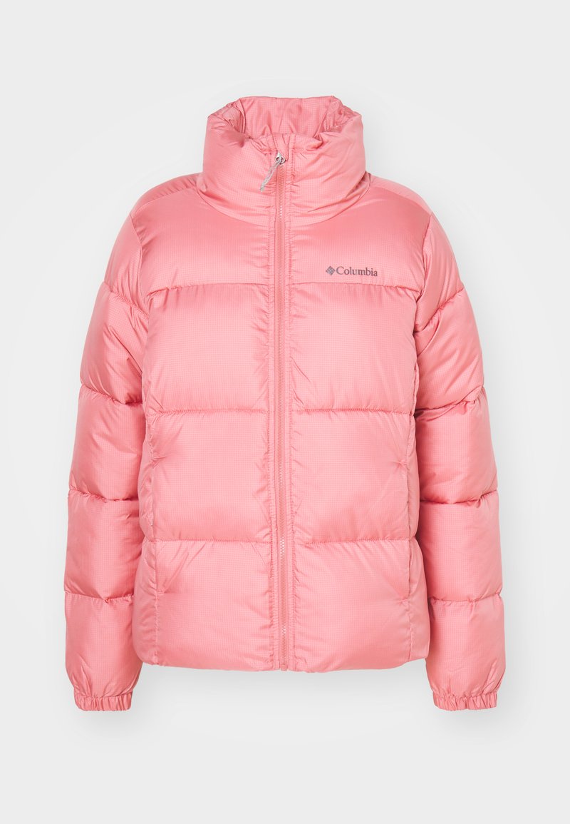 Doudoune Columbia rose avec fermeture éclair sur le devant, col haut, poignets élastiques et coutures horizontales matelassées.