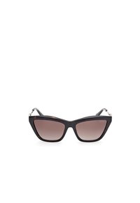 Gafas de sol estilo gato con montura de carey negro, lentes marrones degradados y detalles en plata en las patillas.