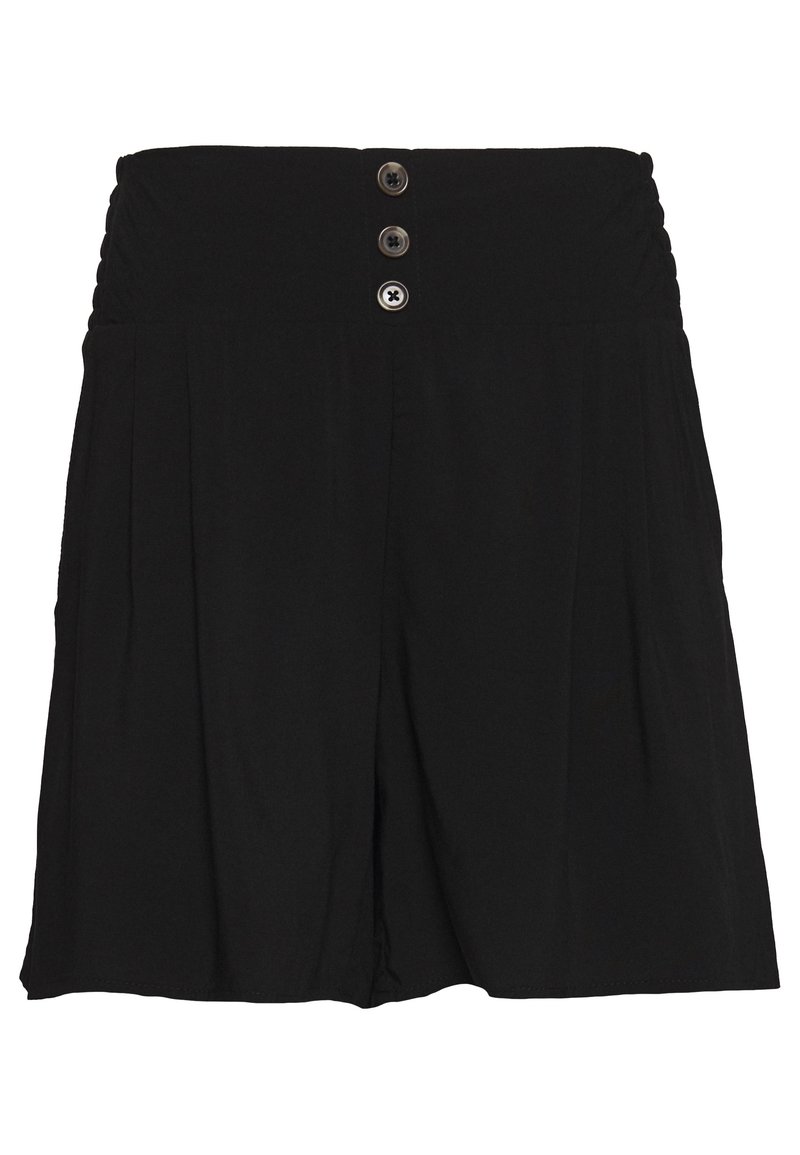 Pantalones cortos negros con una cintura fruncida, que cuentan con tres botones en la parte delantera y una tela suave. El diseño incluye pliegues para mayor volumen.