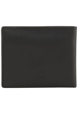 Black leather wallet with a smooth texture, bi-fold design, and a subtle embossed logo on the front. Features clean edges and minimal stitching.