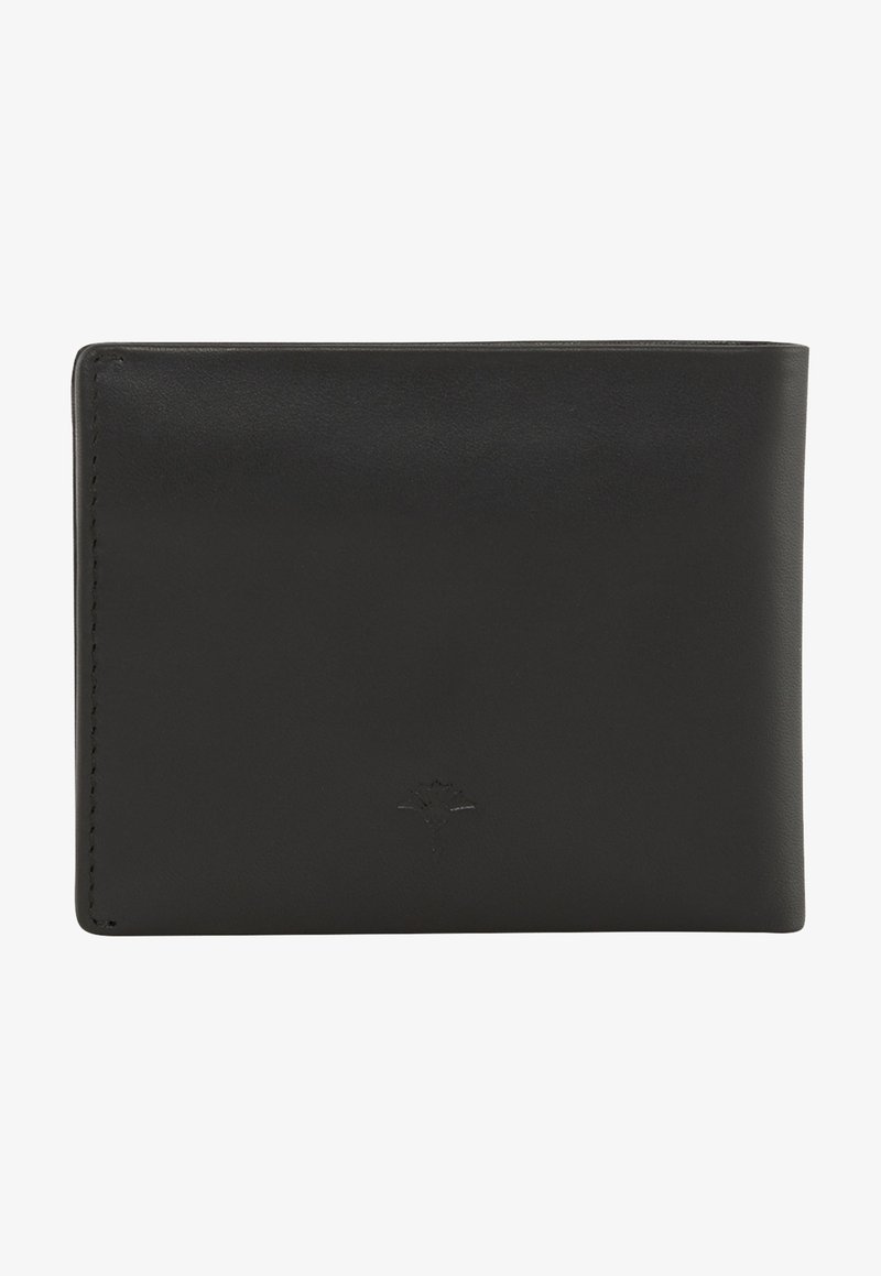 Black leather wallet with a smooth texture, bi-fold design, and a subtle embossed logo on the front. Features clean edges and minimal stitching.