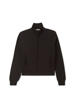 Czarna bluza z zamkiem na wysokości szyi, z wysokim kołnierzem, prążkowanymi mankietami i dwiema przednimi kieszeniami. Wykonana z miękkiego, teksturowanego materiału dla komfortu.