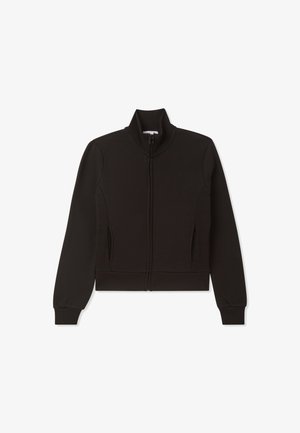 Czarna bluza z zamkiem na wysokości szyi, z wysokim kołnierzem, prążkowanymi mankietami i dwiema przednimi kieszeniami. Wykonana z miękkiego, teksturowanego materiału dla komfortu.