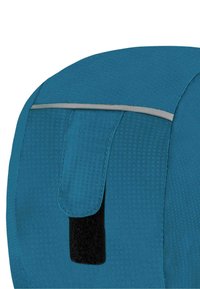 Türkisfarbener Stoff mit gemustertem Muster; hat einen silbernen Akzentstreifen und einen schwarzen Klettverschluss-Patch. Glatte Oberfläche mit abgerundeter Form.