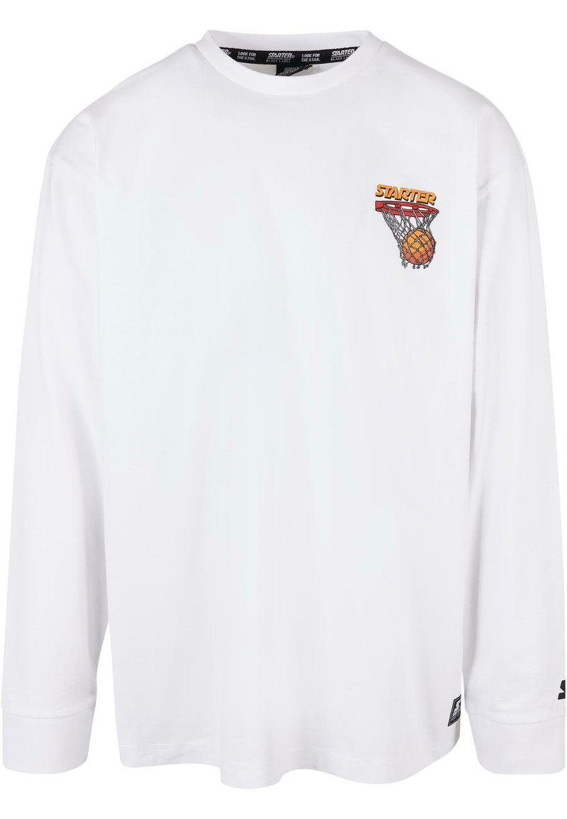 T-shirt blanc à manches longues en coton. Présente un petit motif de basket-ball orange et noir avec le texte "STARTER" sur la poitrine.