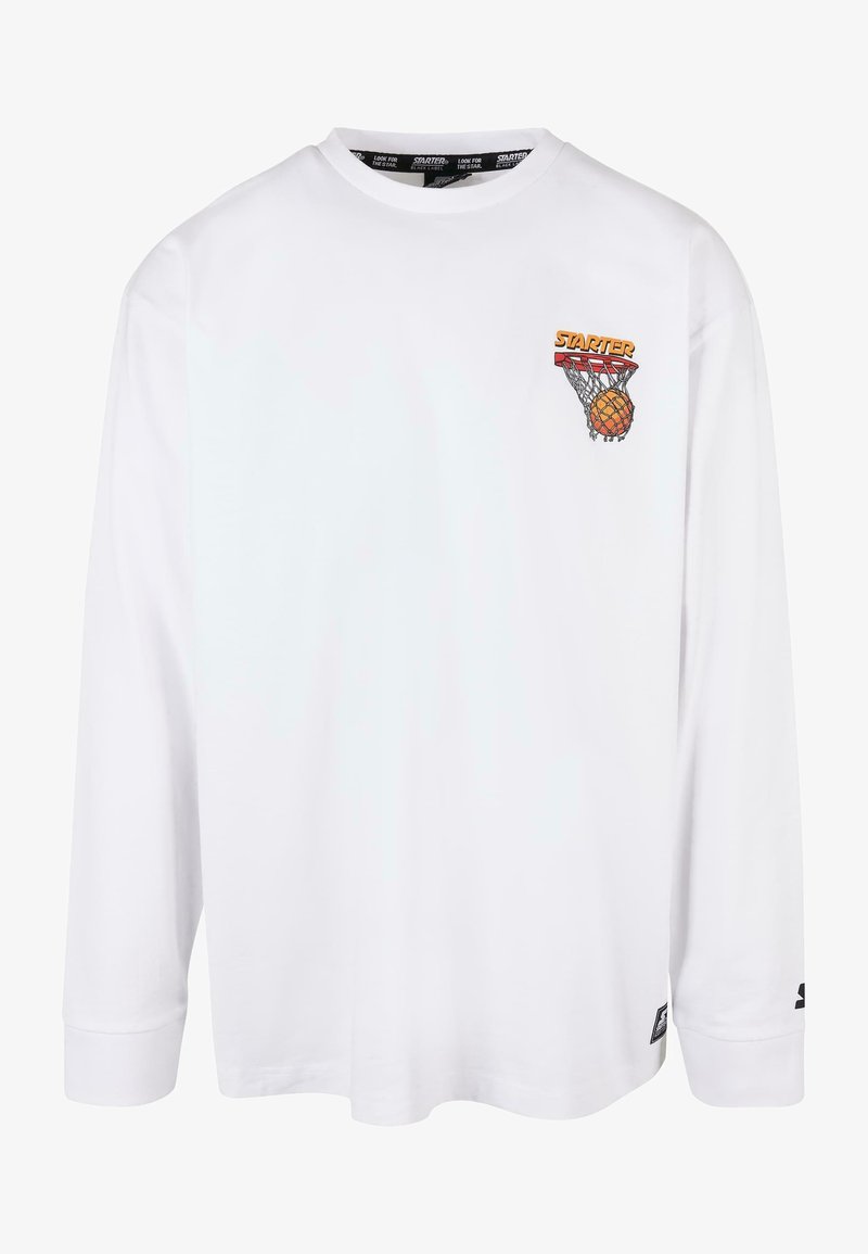 White long-sleeve T-shirt made of cotton. Features a small orange and black basketball graphic with the text "STARTER" on the chest.