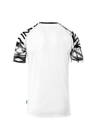 Witte shirt met korte mouwen en gemuste zwarte mesh mouwen en een zwarte kraag. Heeft een effen achterkant en een klein groen label nabij de zoom.