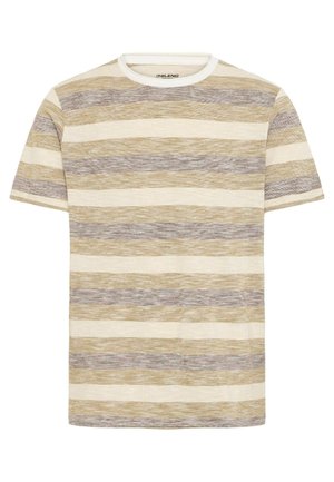 Tricou ușor, cu mânecă scurtă, cu dungi orizontale în nuanțe de bej, maro și gri. Gât rotund, cu o textură moale.