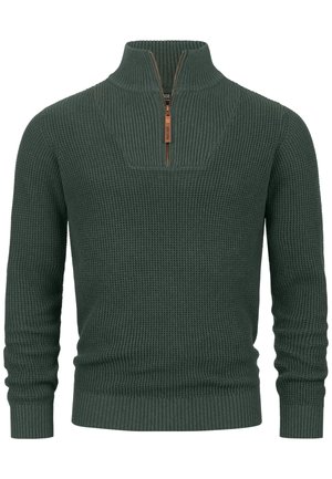 Dunkelgrüner, strukturiert gestrickter Pullover mit hohem Kragen und Reißverschluss, gerippten Bündchen und einem markanten V-förmigen Strickmuster im Brustbereich.