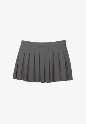 Gonna mini plissettata grigia con cintura a bottoni e una piccola decorazione con il logo sul lato destro.